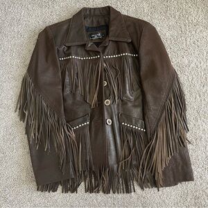 Patricia Wolf Fringe Leather Western Button Front Jacket